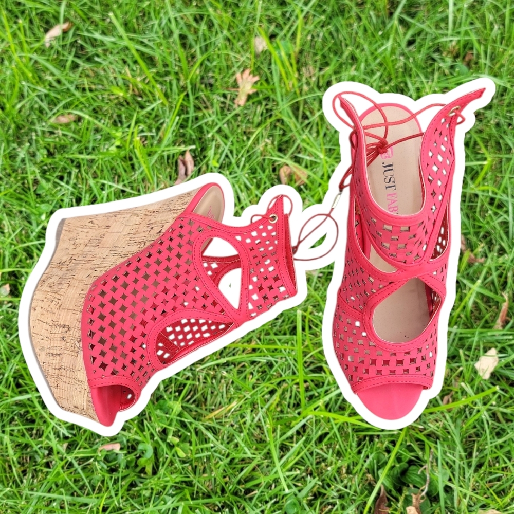 JustFab Red Laser-Cut Cork Wedge Sandals